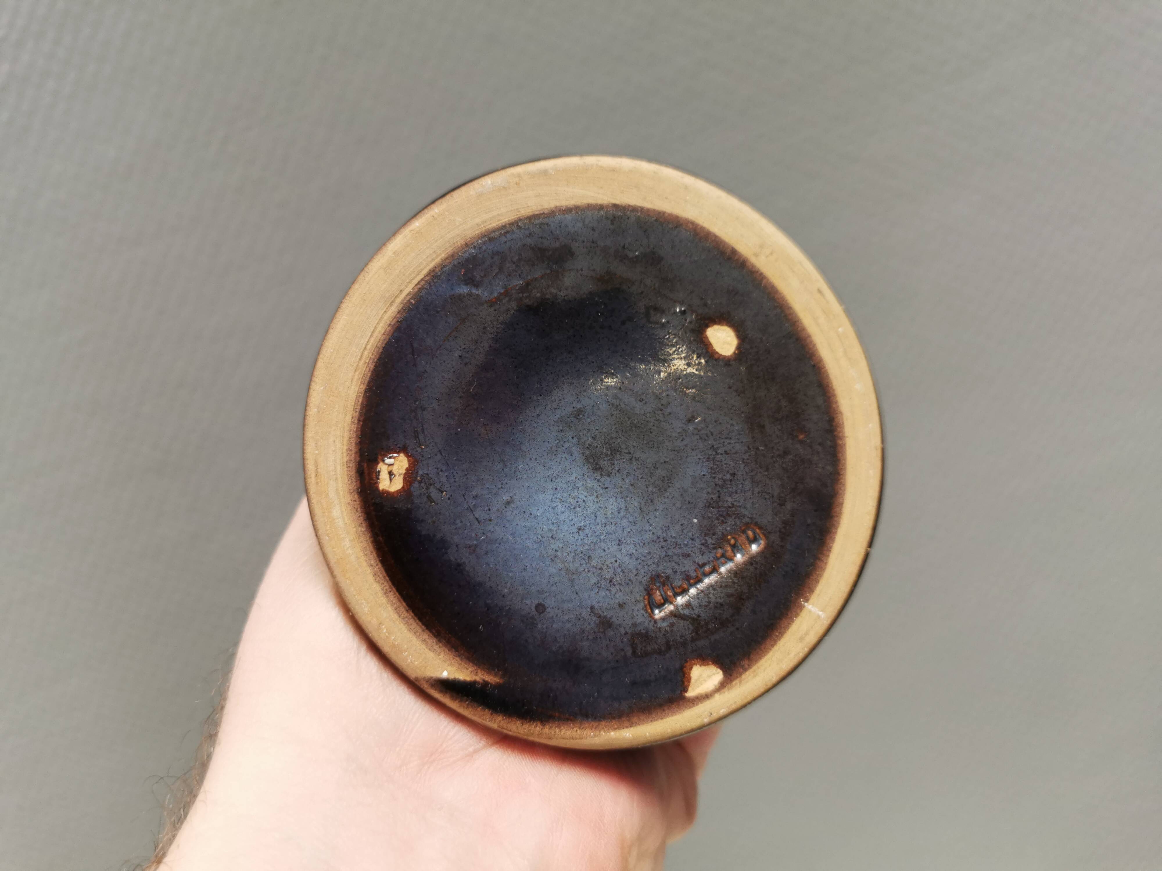 A set of ceramic candlesticks in bluish metallic glaze, Denmark 1980s