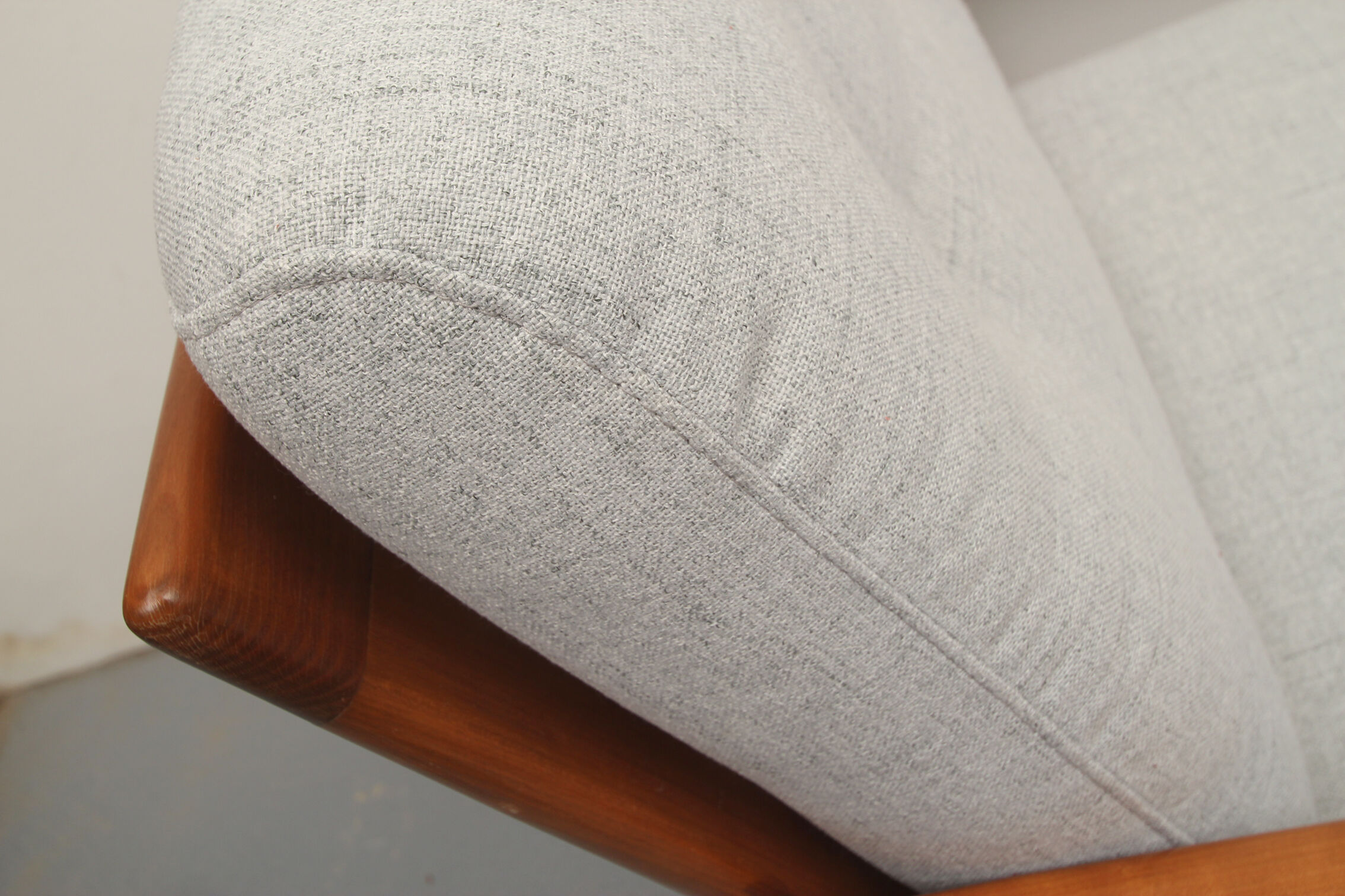 1960s armchair in cherrywood, light grey with green cushion