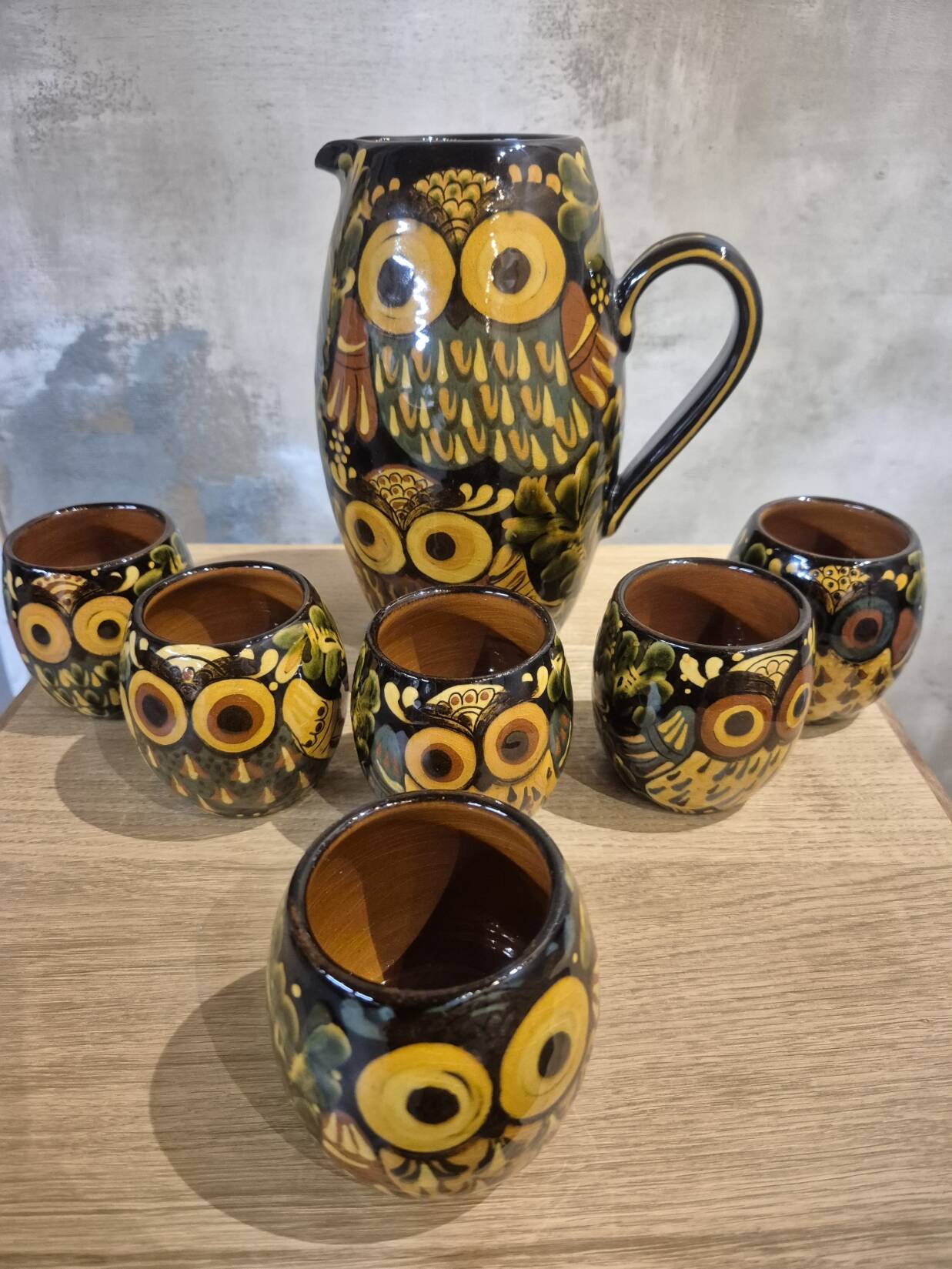 Vintage ceramic owl service signed Reber, 1960