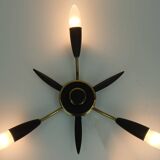 1950s mid century sputnik 3-light CEILING FIXTURE brass and dark grey metal