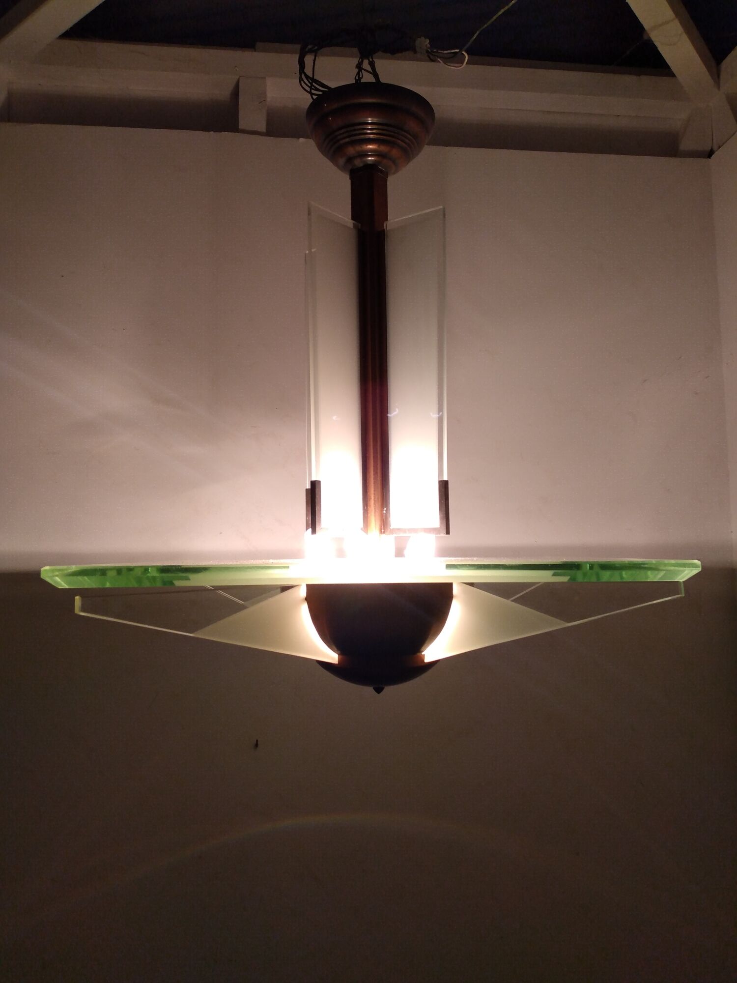 Modernist art deco chandelier/pendant lamp in glass and metal