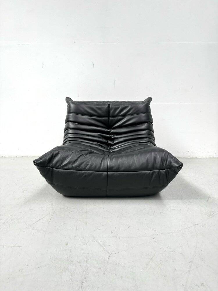French Togo lounge chair in black leather by Michel Ducaroy for Ligne Roset, 1970s