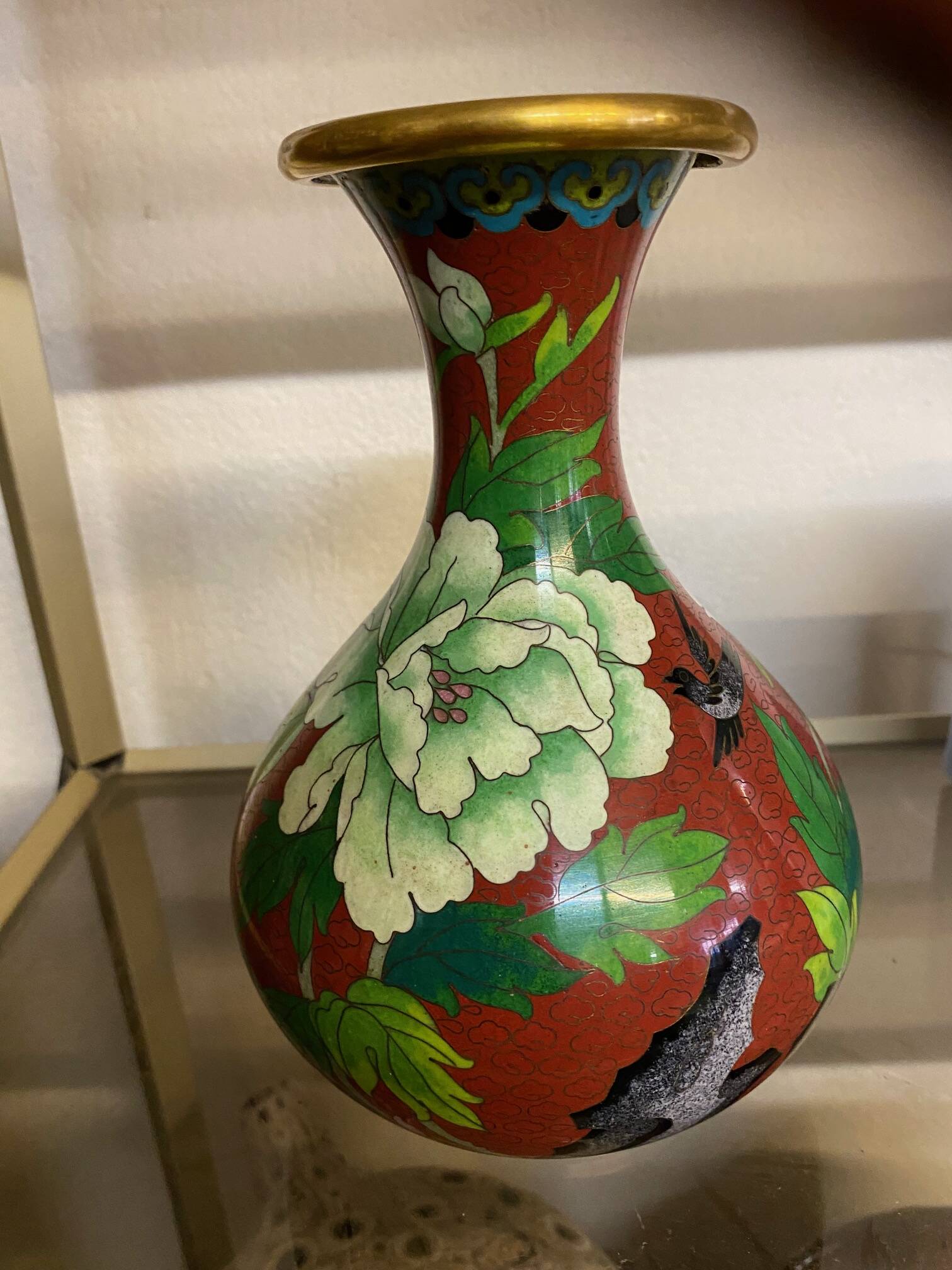 CLOISONNE VASE WITH LOTUS FLOWERS DECOR IN BURGUNDY TONES