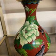 CLOISONNE VASE WITH LOTUS FLOWERS DECOR IN BURGUNDY TONES