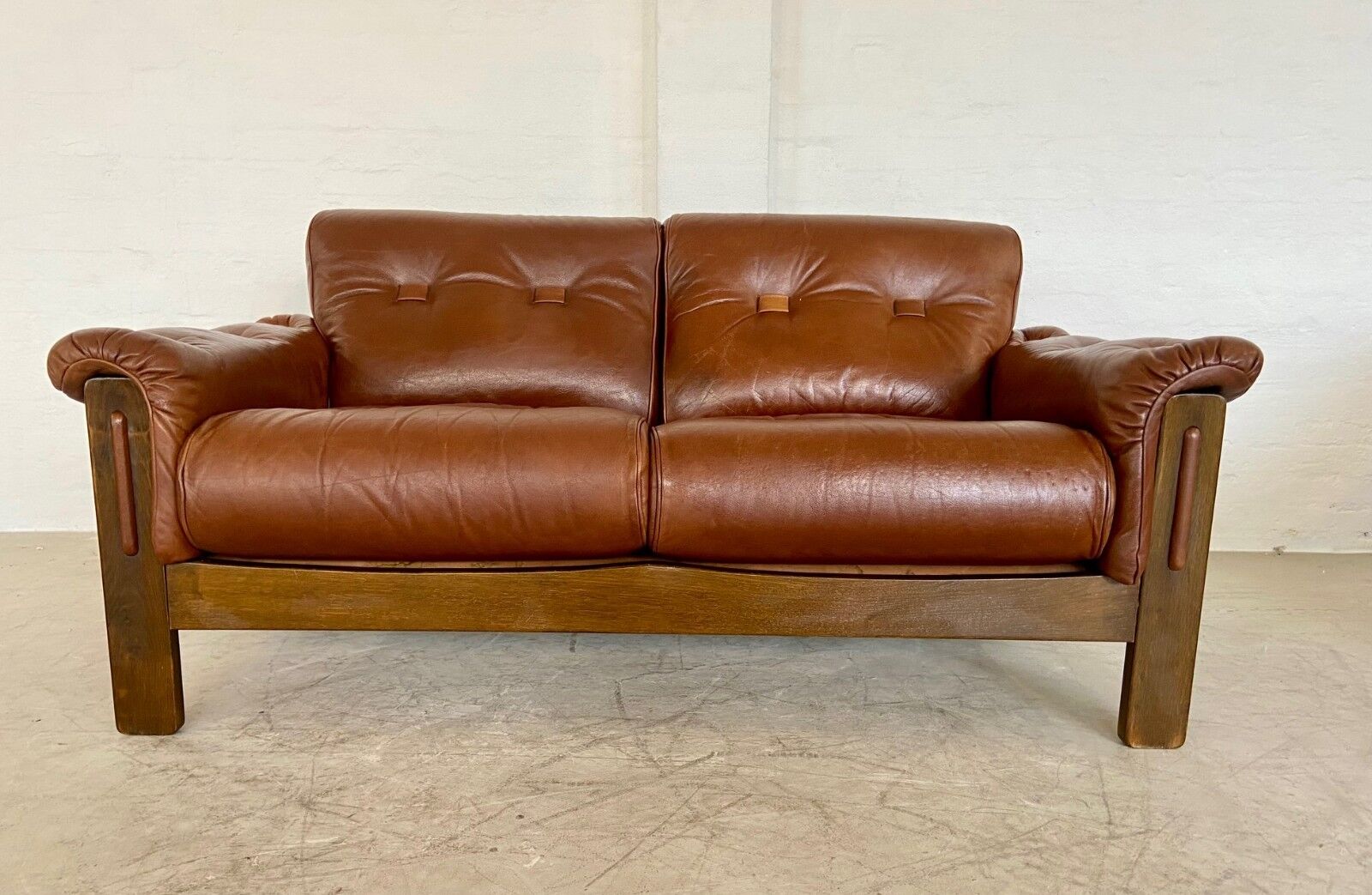Vintage Danish mid-century cognac brown leather 2-seater Stouby 1970s