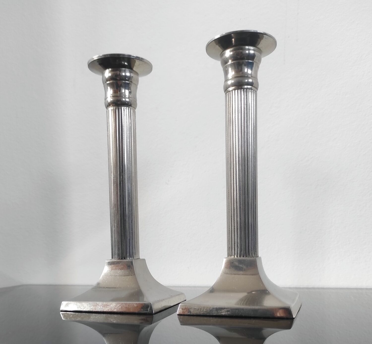 Pair of vintage silver column candlesticks