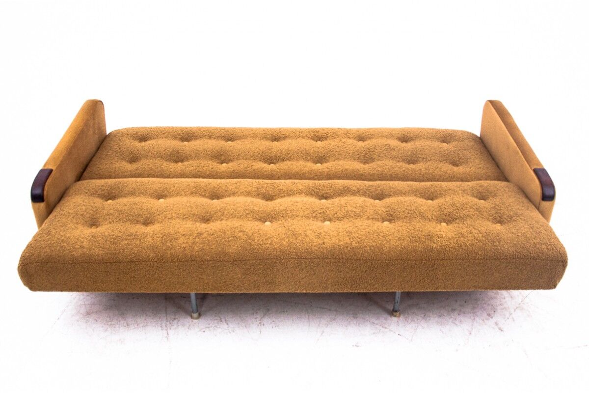 Midcentury modern yellow fabric bouclé sofa, Denmark, 1960s. After restoration.