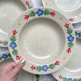 5 soup plates in speckled beige stoneware with floral pattern Tulowice Poland 1970
