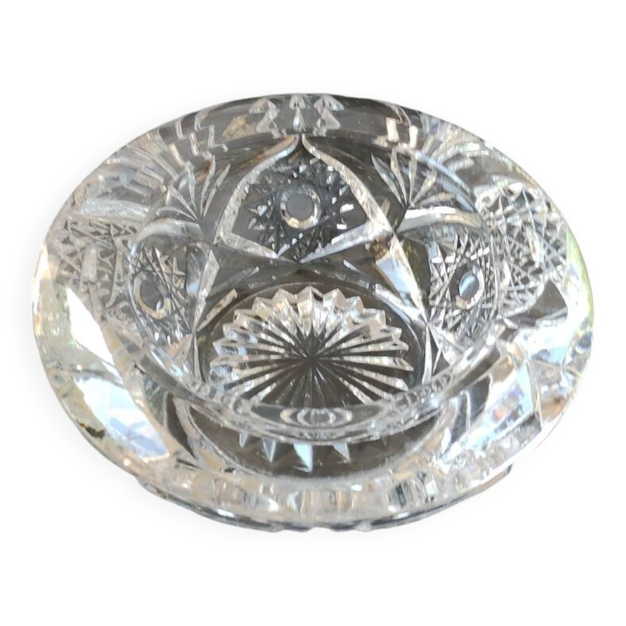 Bohemian cut crystal ashtray/pocket tray. Star/cross-hatched motifs.