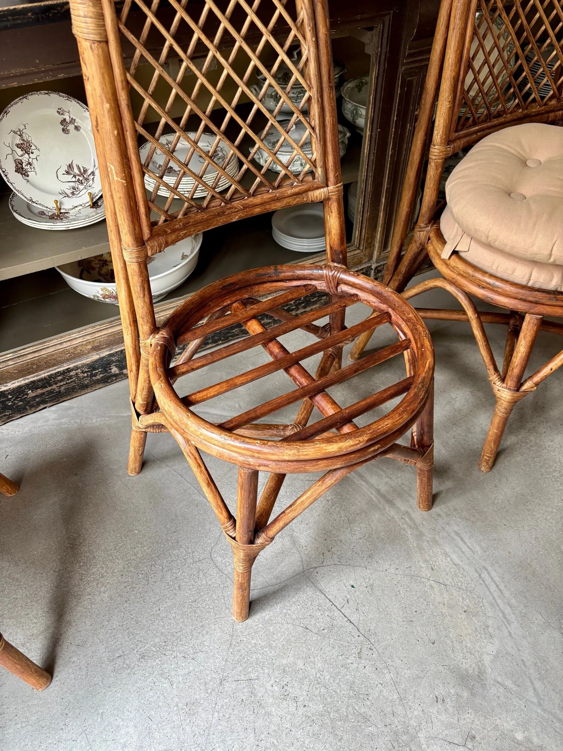 4 bent bamboo and rattan chairs