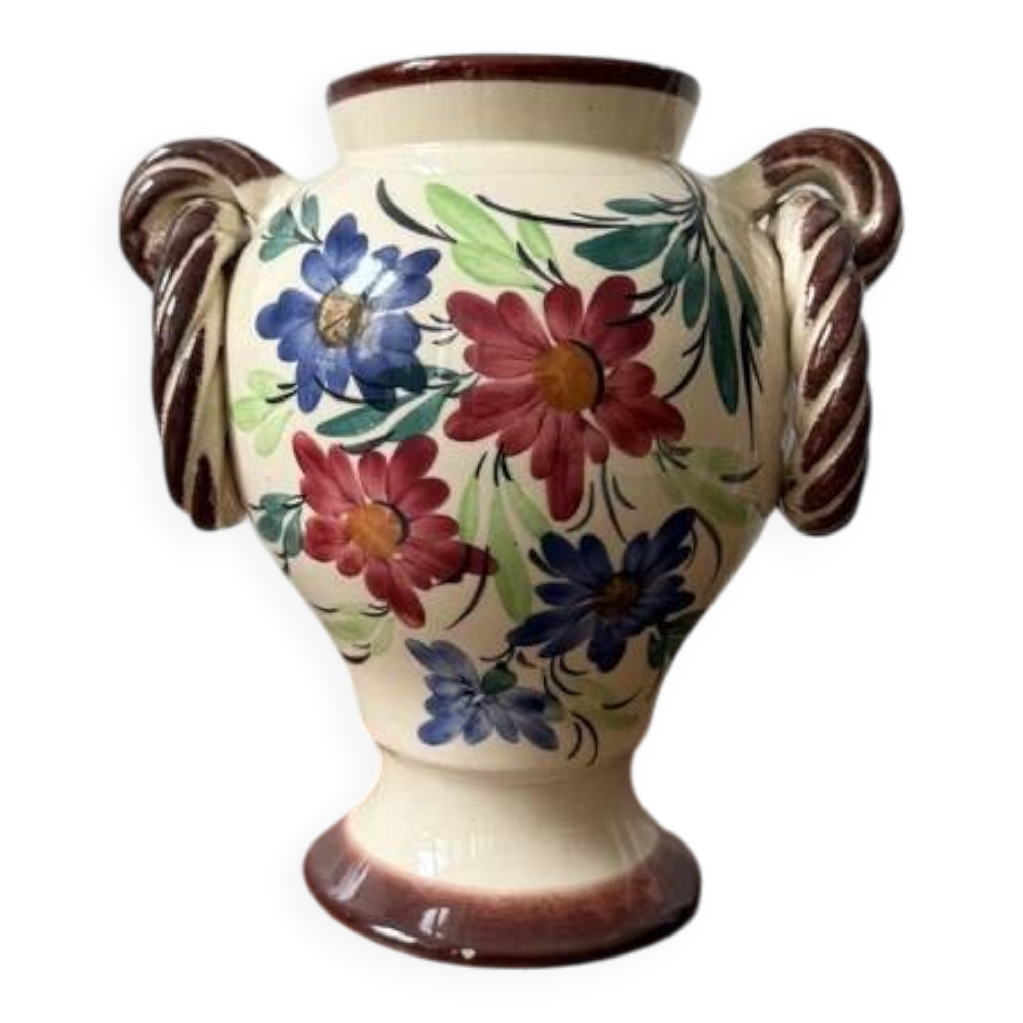 Ceramic vase with hand-painted floral decoration.