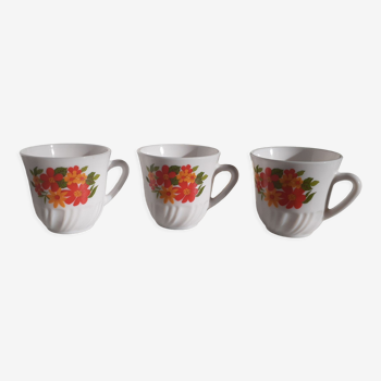 3 vintage cups year 70 orange flowers