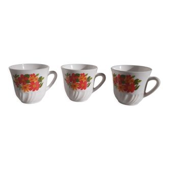 3 vintage cups year 70 orange flowers