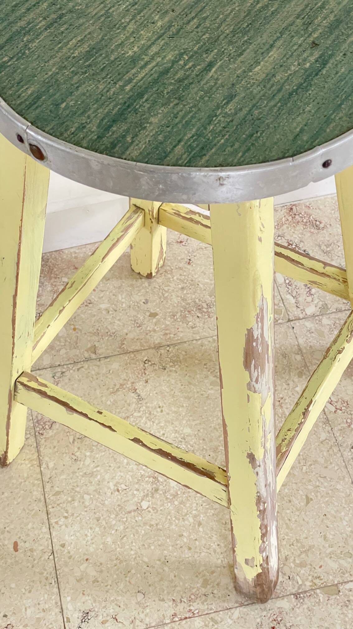 Vintage stool in solid oak green seat