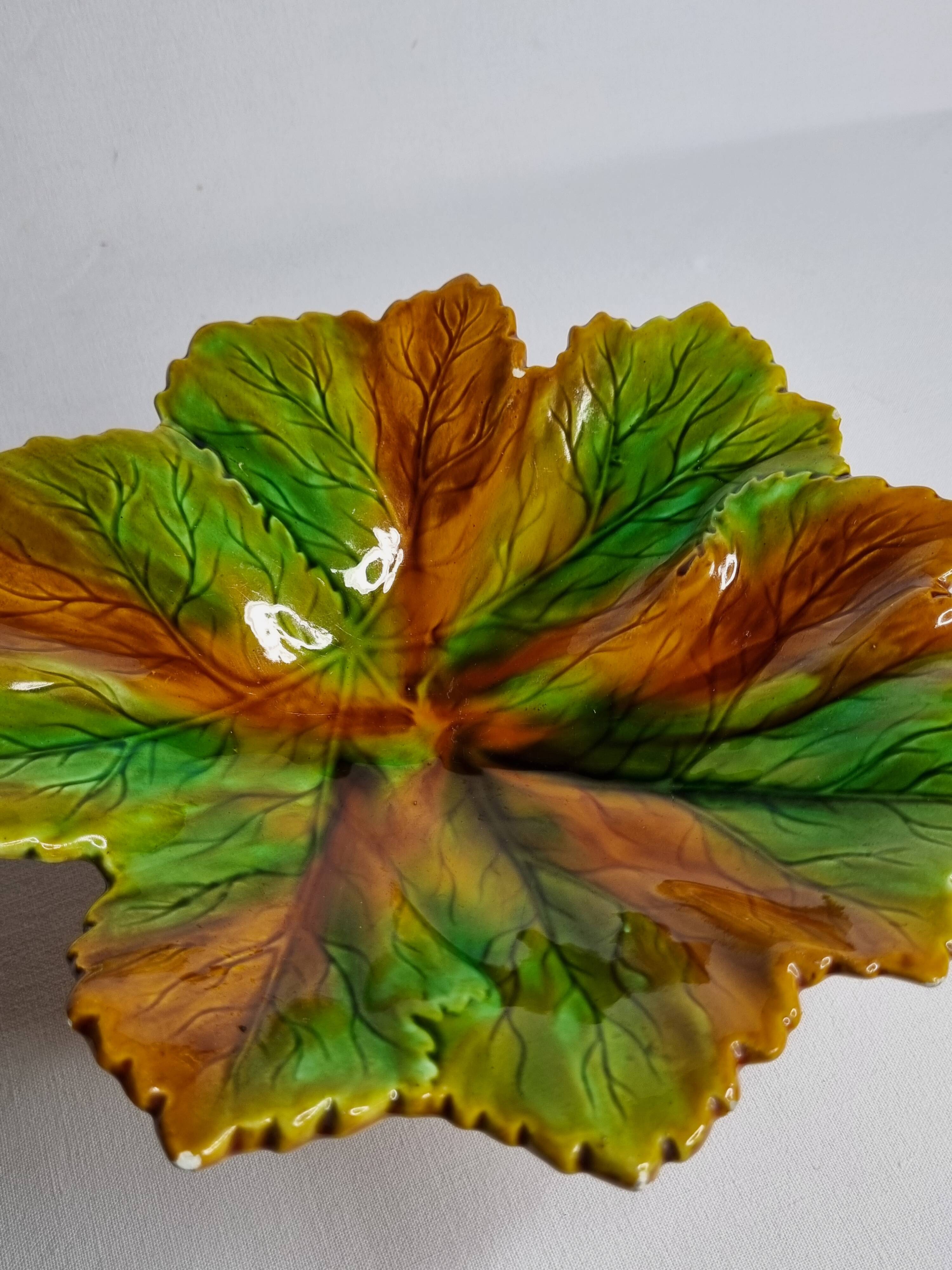 Old Villeroy and Boch compotier, decorated with green and ocher vine leaves, 1900