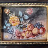 Cadre émail de Limoges fleurs et plateau de fruits