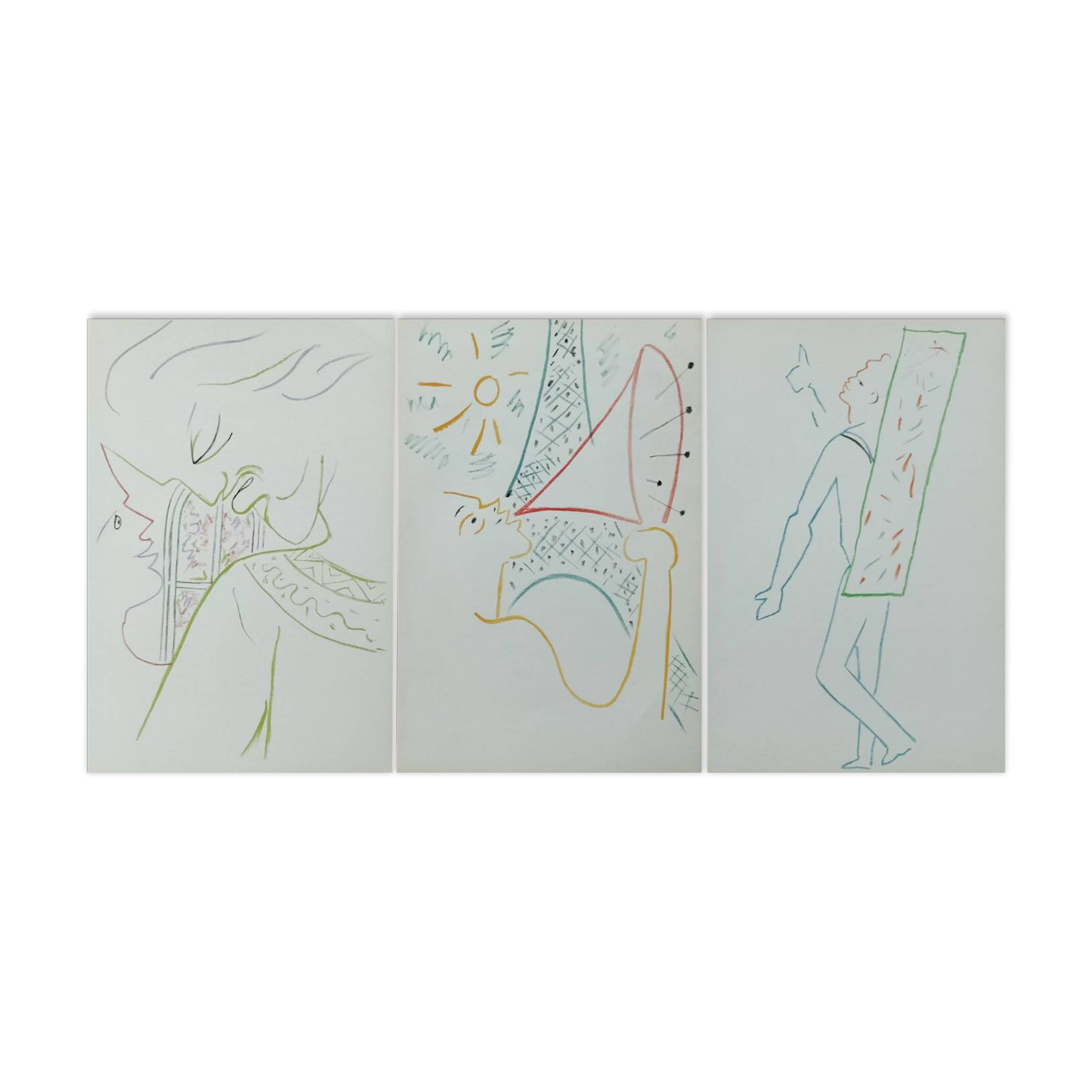 Superbe ensemble de 3 lithographies originales d’après Jean Cocteau.