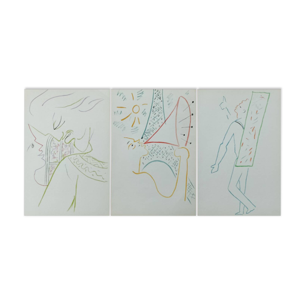 Superbe ensemble de 3 lithographies originales d’après Jean Cocteau.