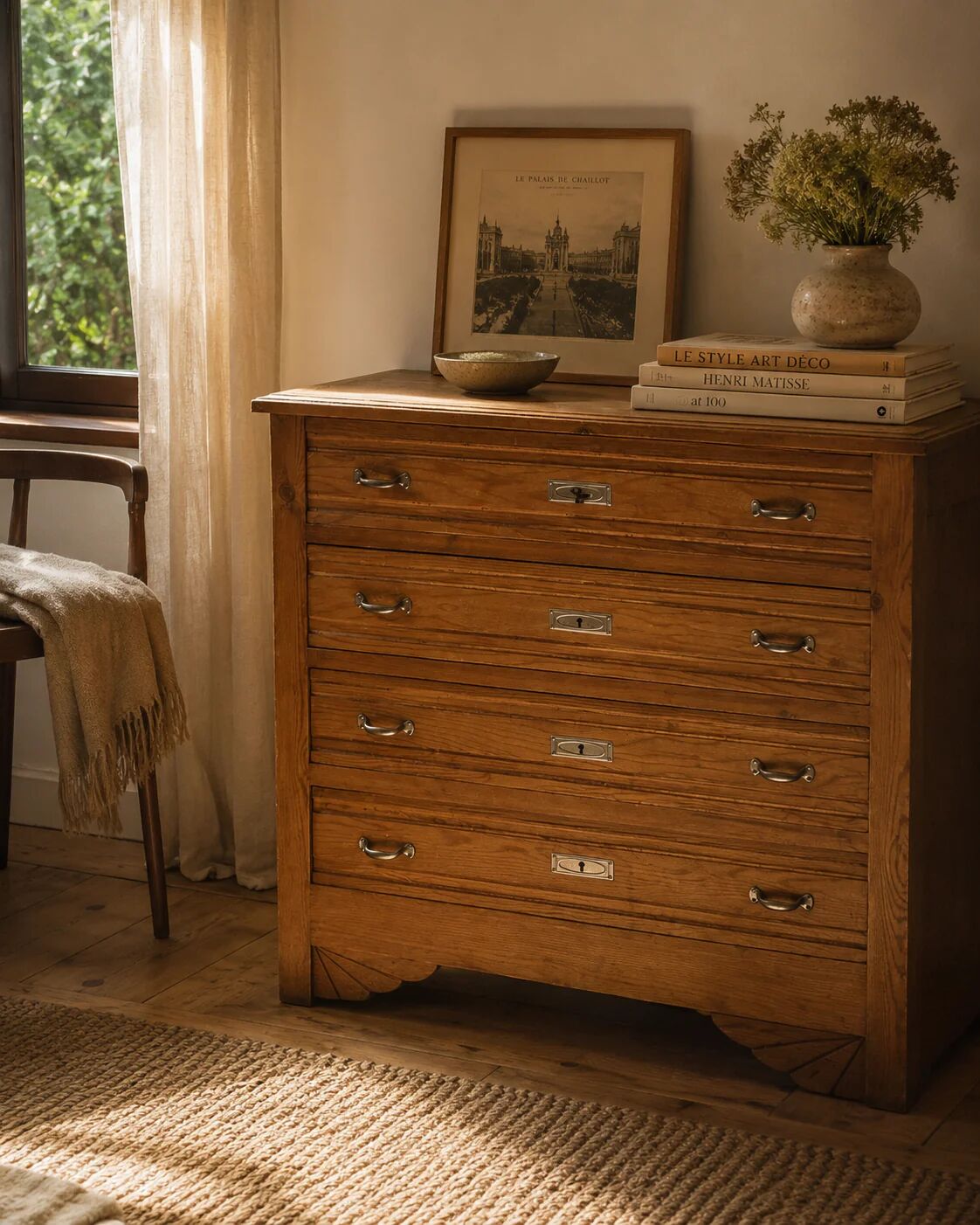 4-drawer chest in raw wood and chrome - art deco style