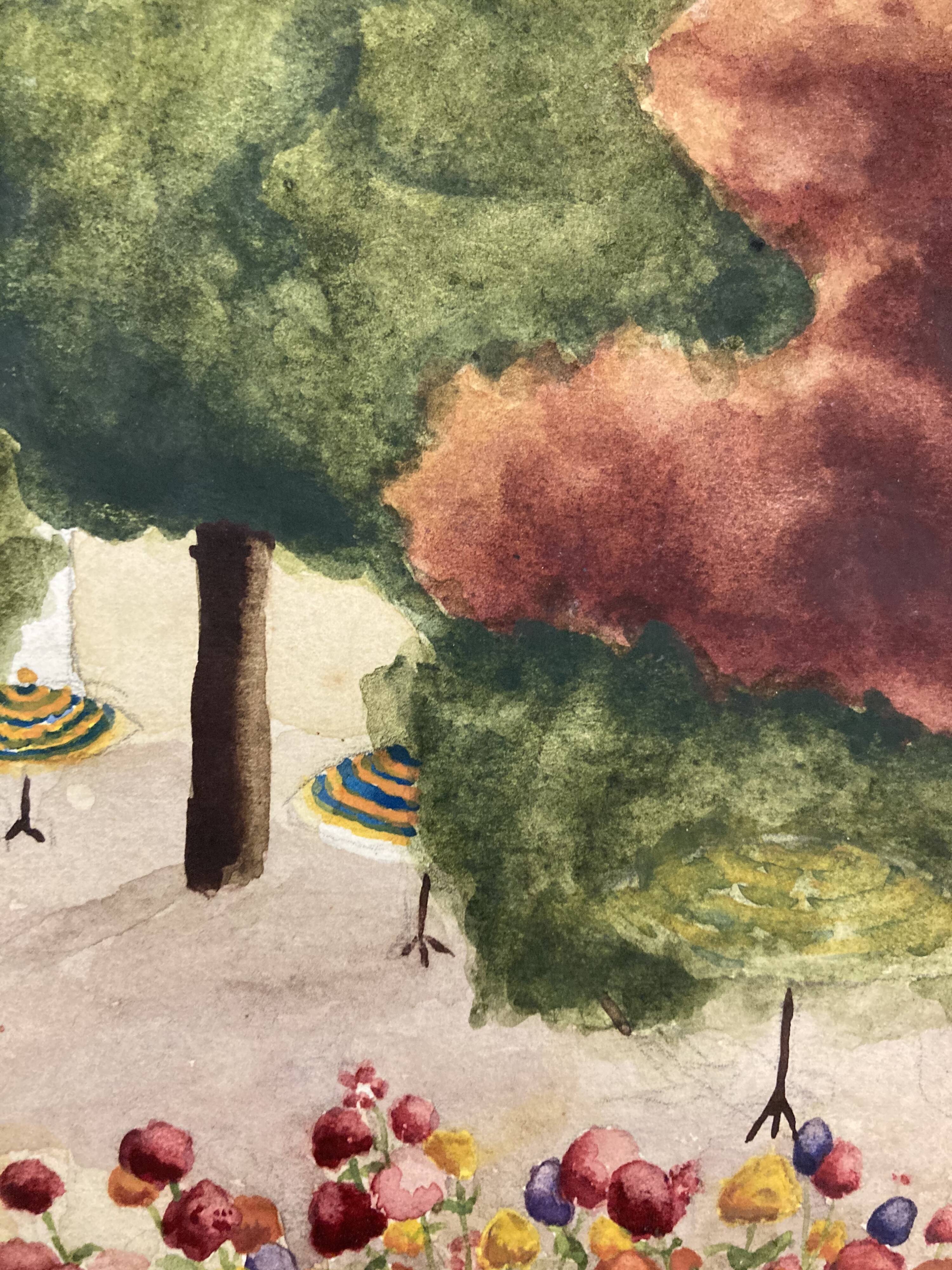 Watercolor landscape with parasols