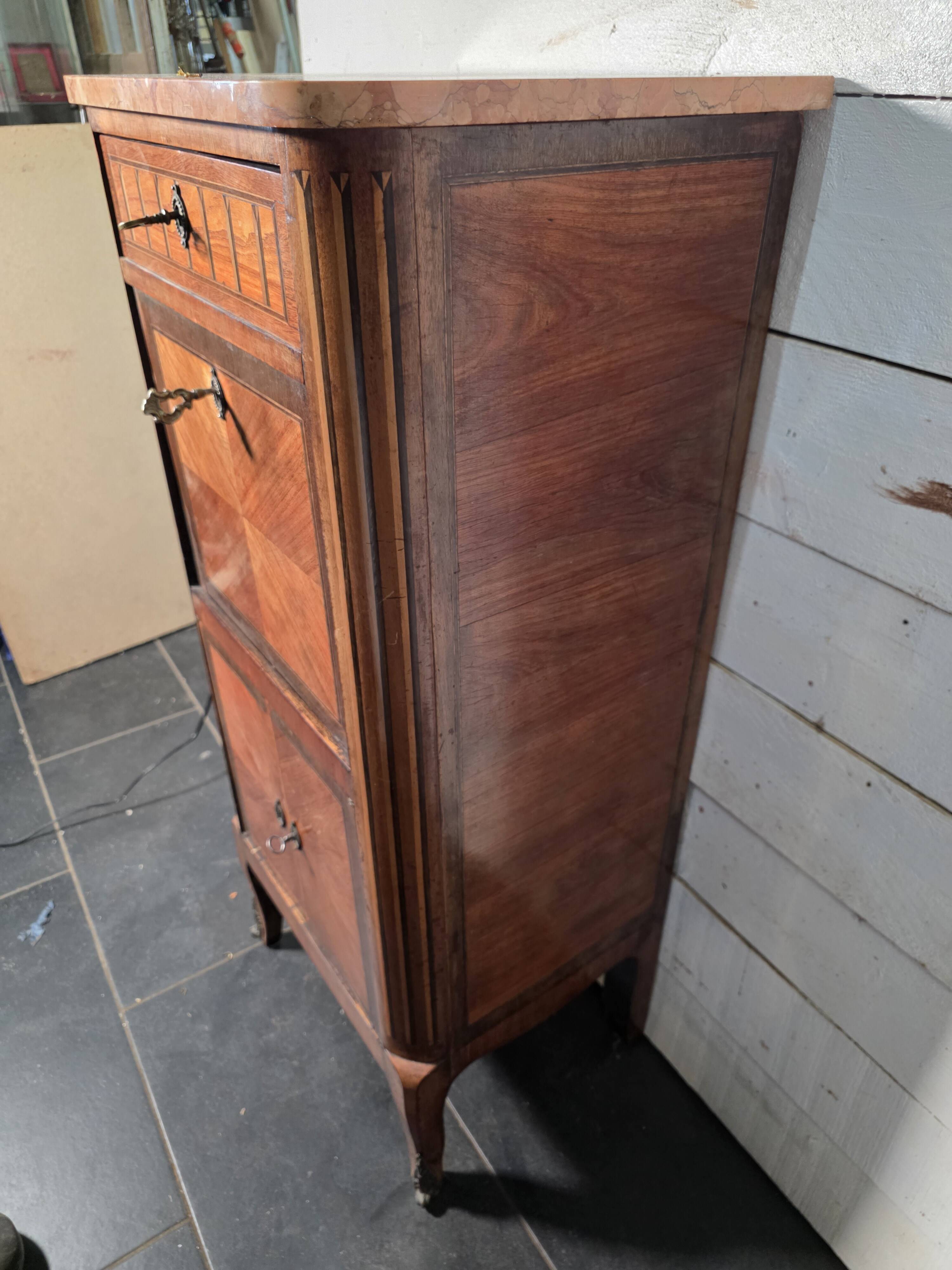 Louis XV style secretary with marquetry and marble top.