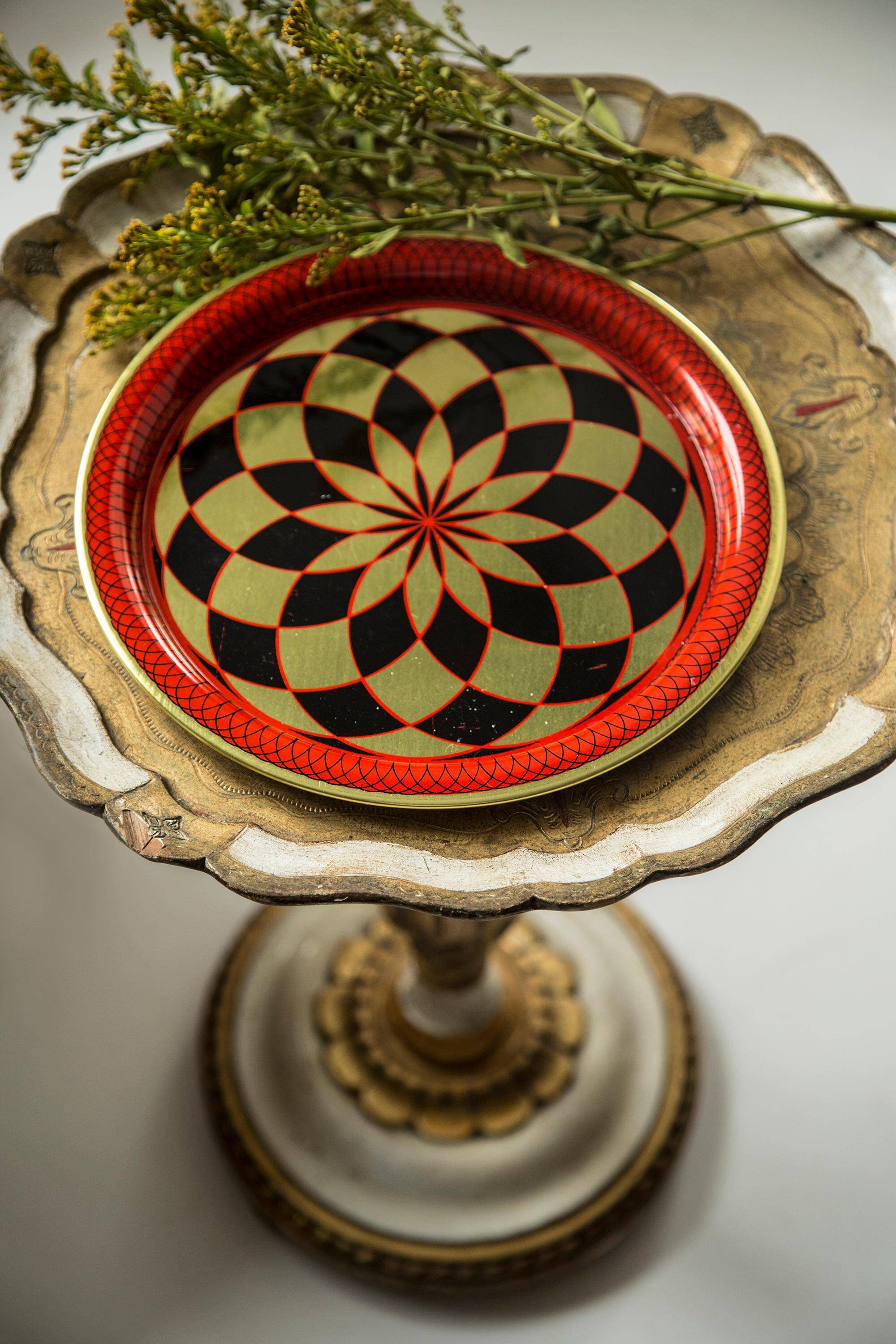 Vintage decorative plate in red, black, and gold metal, Poland, 1960s.