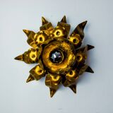 Sun wall lamp by ferro arte, metal and gold leaf, Spain, 1960