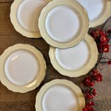 Set of 6 vintage white dinner plates with yellow and gold trim.