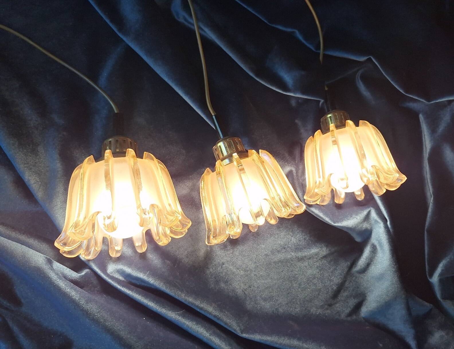 Set of 3 Doria pendant lights in brass and amber-coloured glass, 1960s