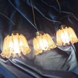 Set of 3 Doria pendant lights in brass and amber-coloured glass, 1960s