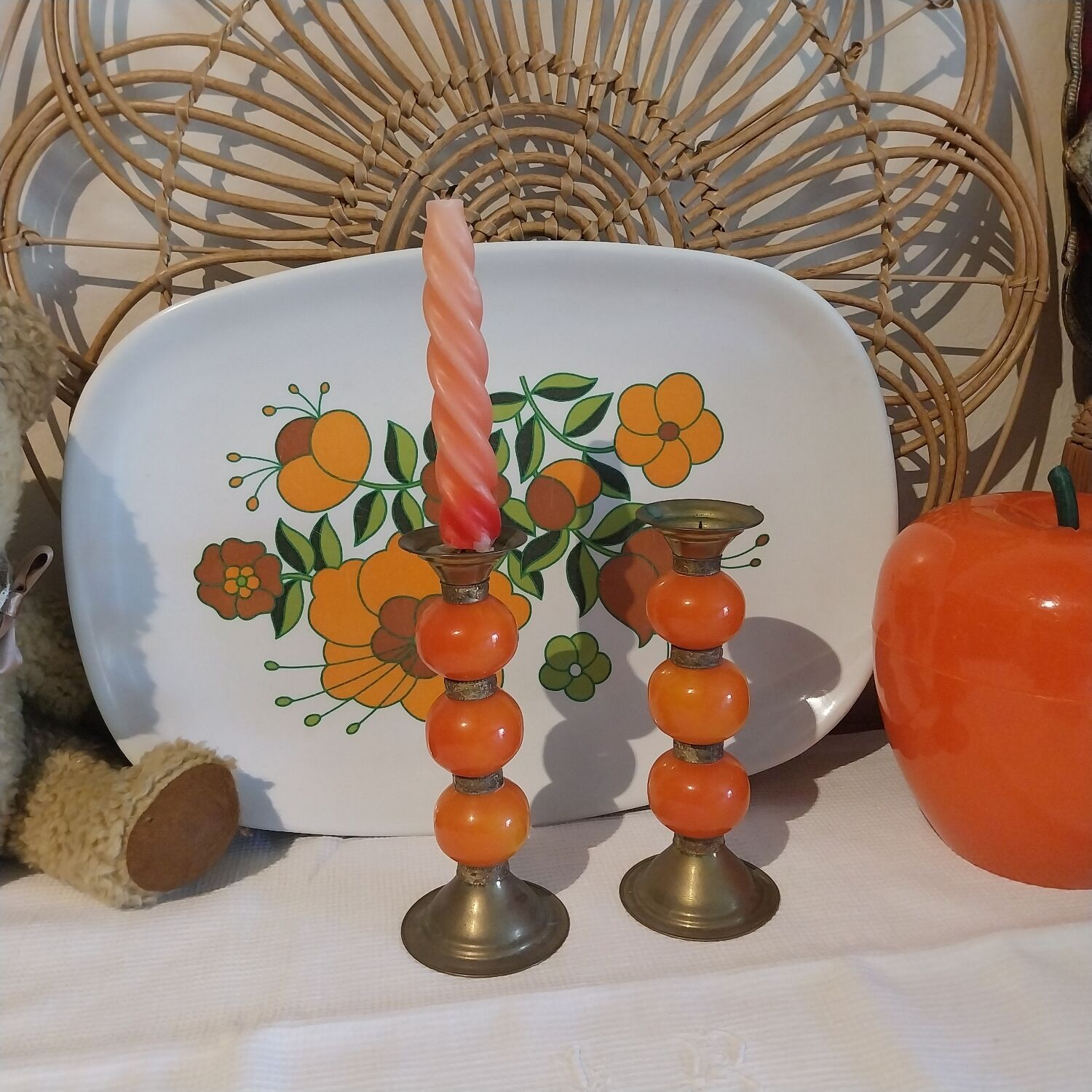 Copper and orange resin candlestick