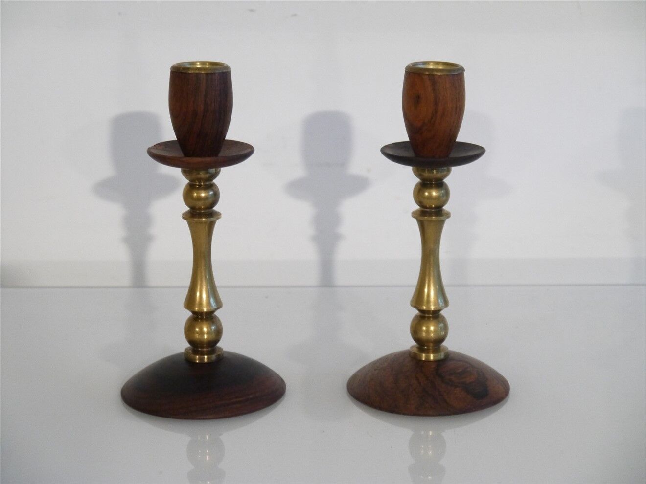 Pair of Danish candle holders in brass and rosewood 1960