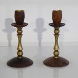 Pair of Danish candle holders in brass and rosewood 1960