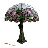 Important bronze lamp with Tiffany stained glass, Art Nouveau style – c. 1970