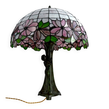 Importante lampe en bronze et vitrail Tiffany, Style Art nouveau – c. 1970