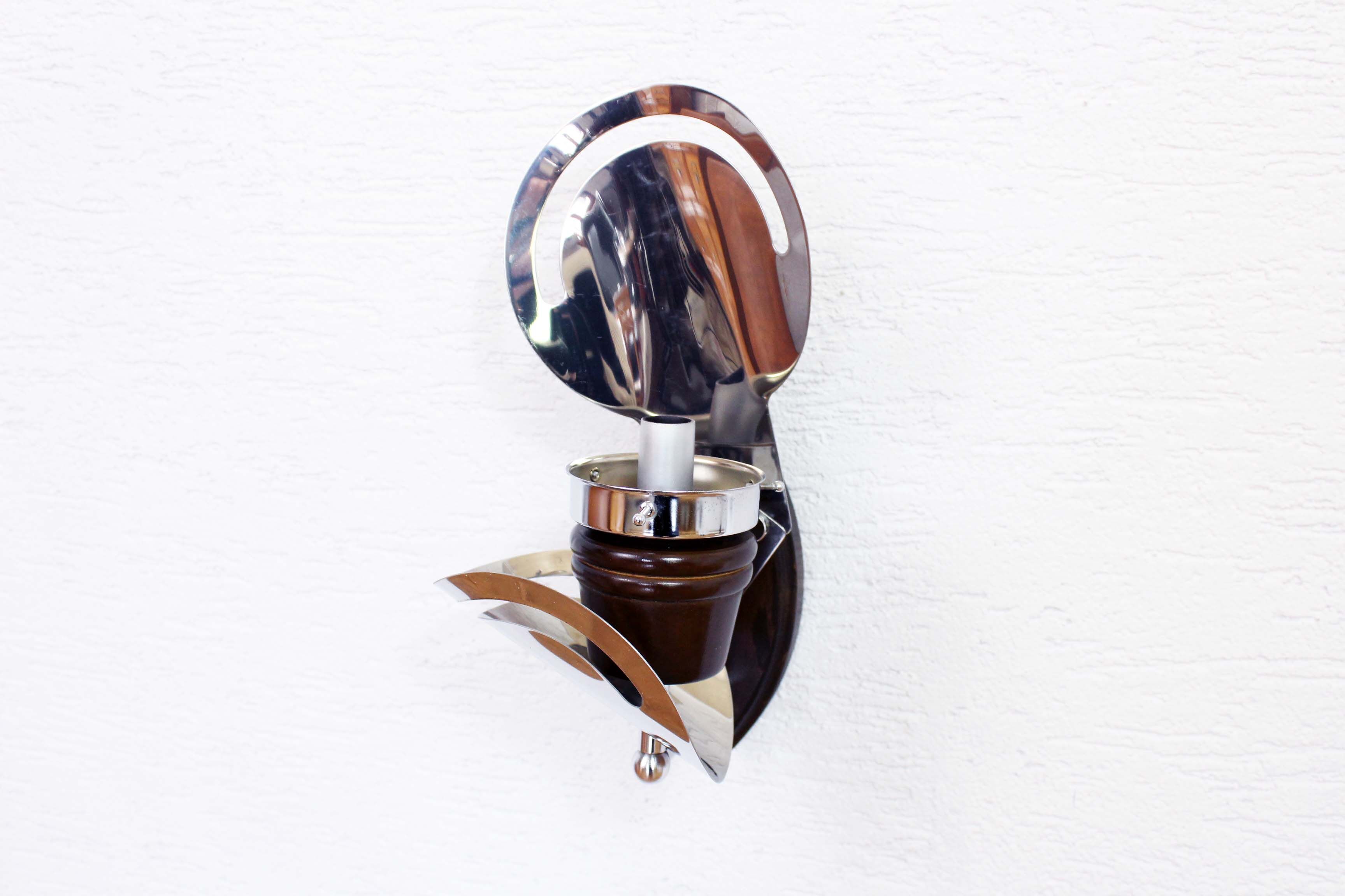 Pair of opal glass and solid wood wall lamps