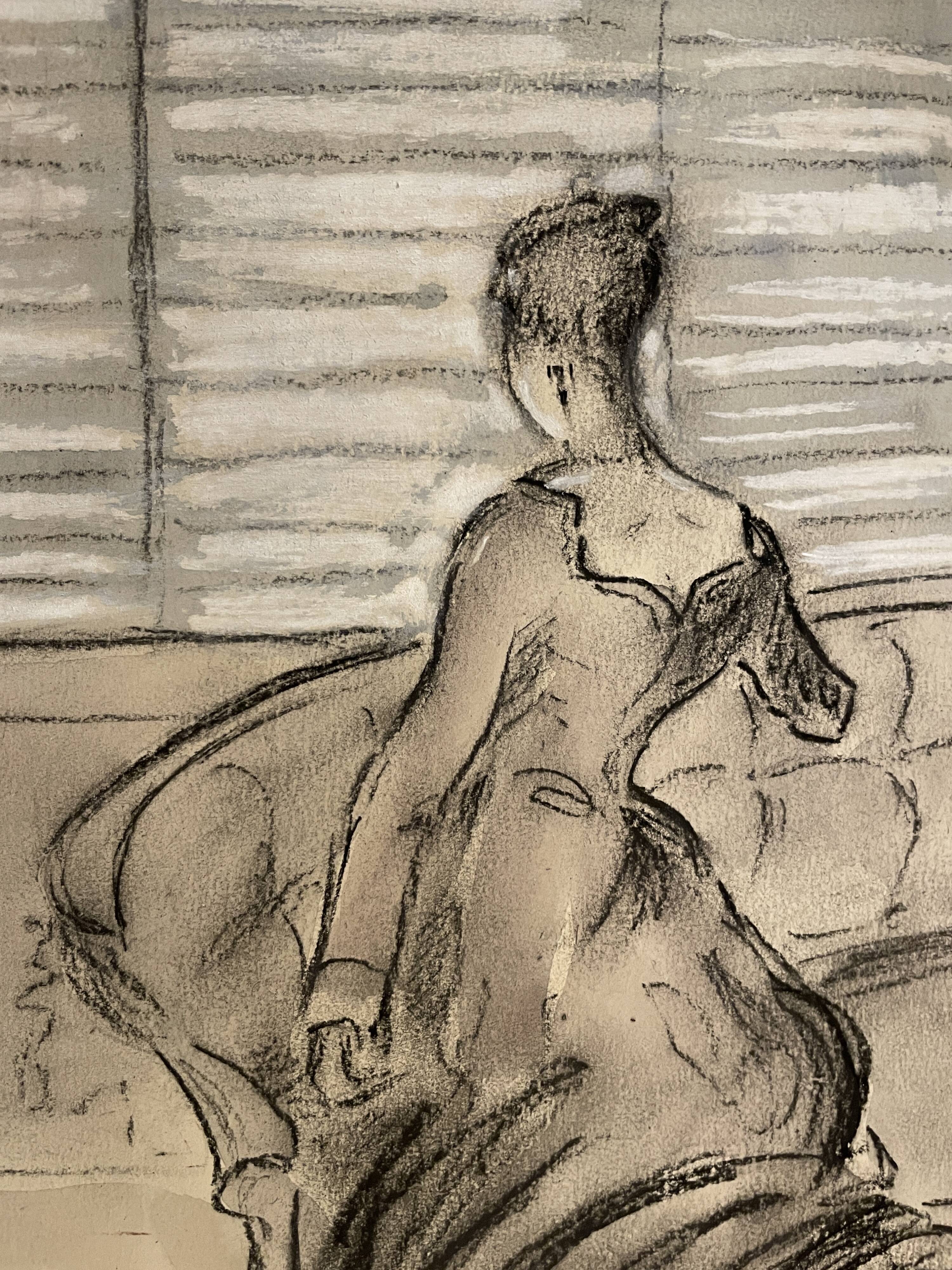 Painting signed charcoal watercolor female portrait Empire “sofa”