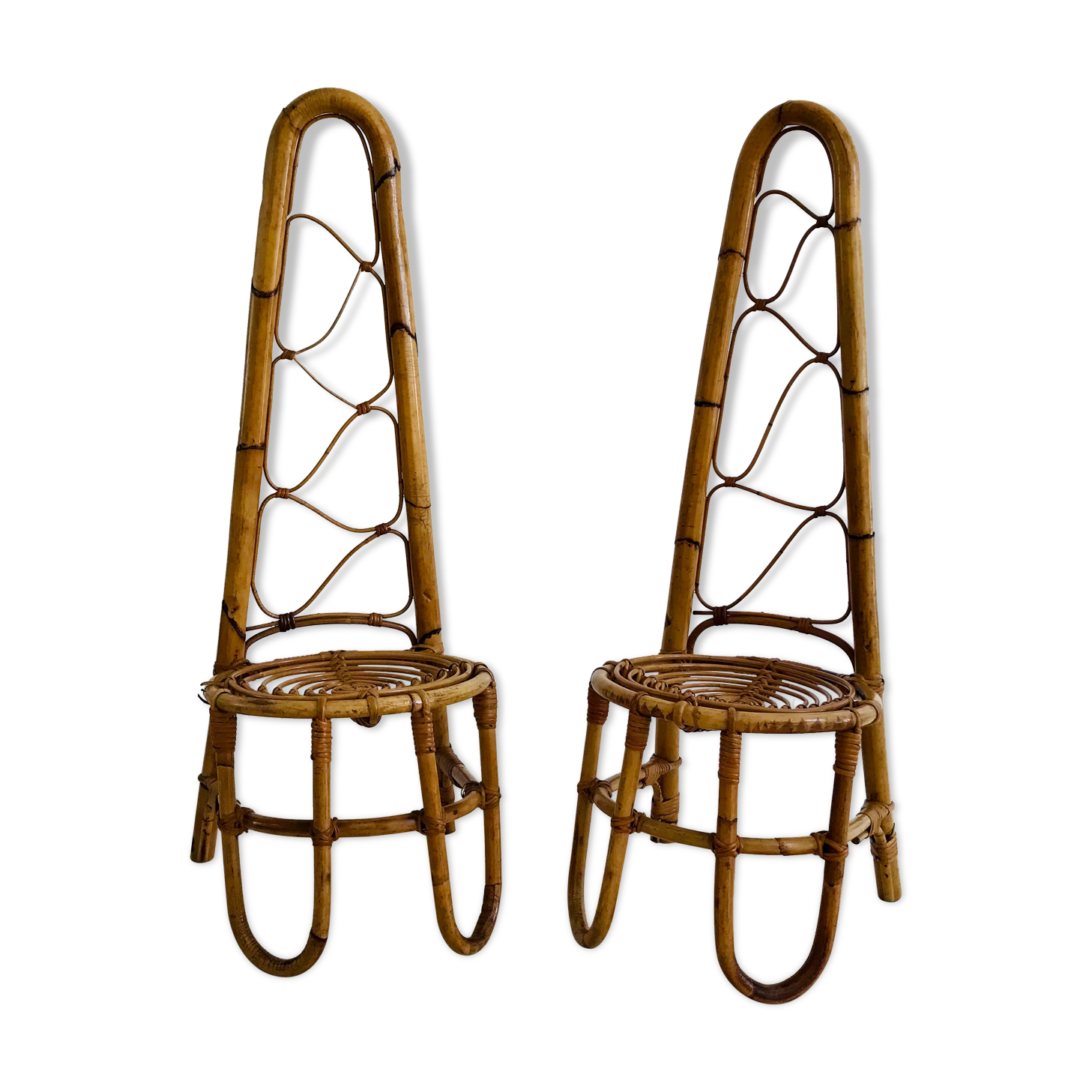 Pair of rattan chairs with high backrests, Italy 60s