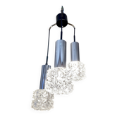 Suspension cascade vintage 3 feux, verre moulé facetté & chrome, 1960-70