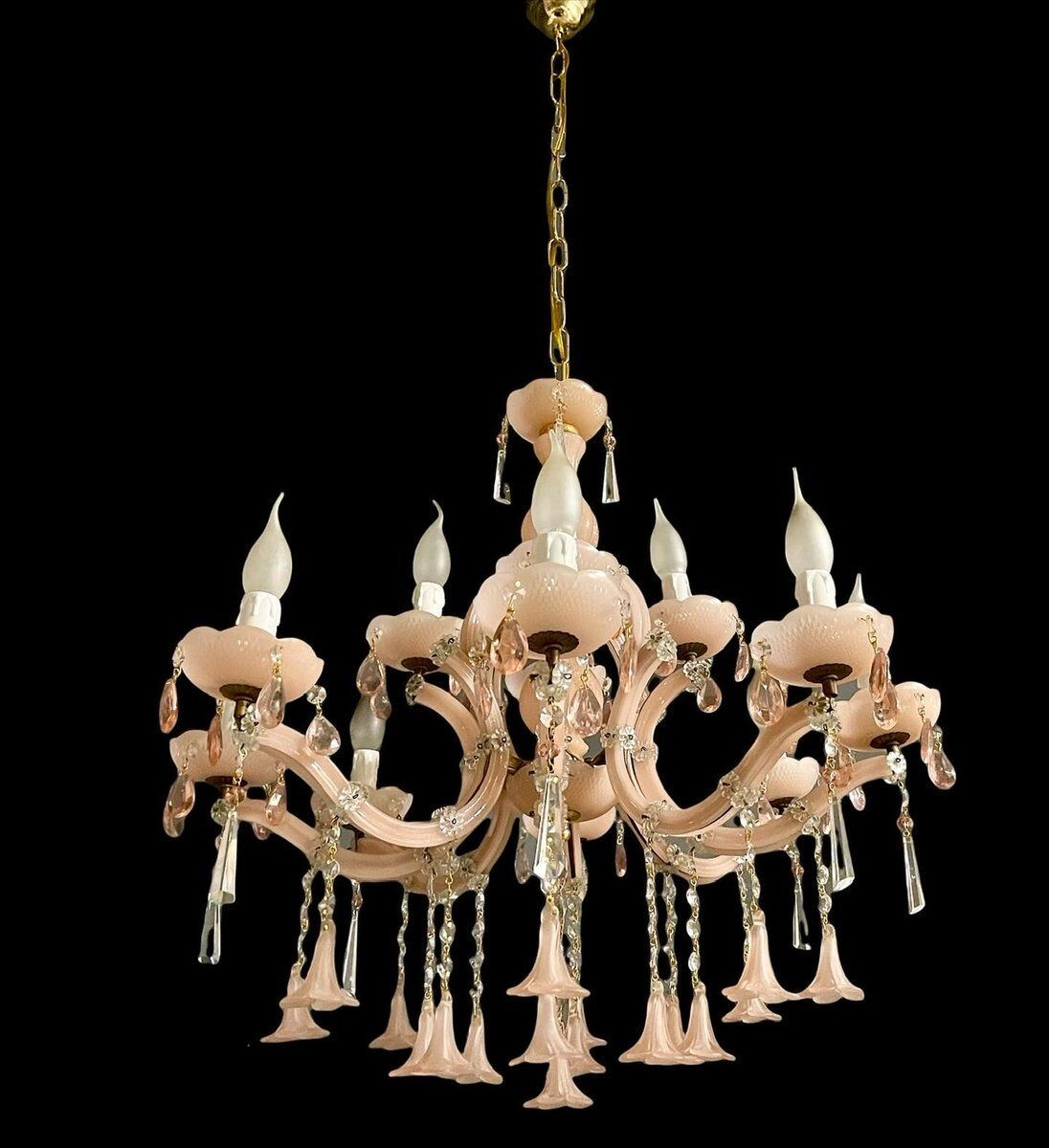 Vintage Italian Pink Opaline Murano Glass Chandelier