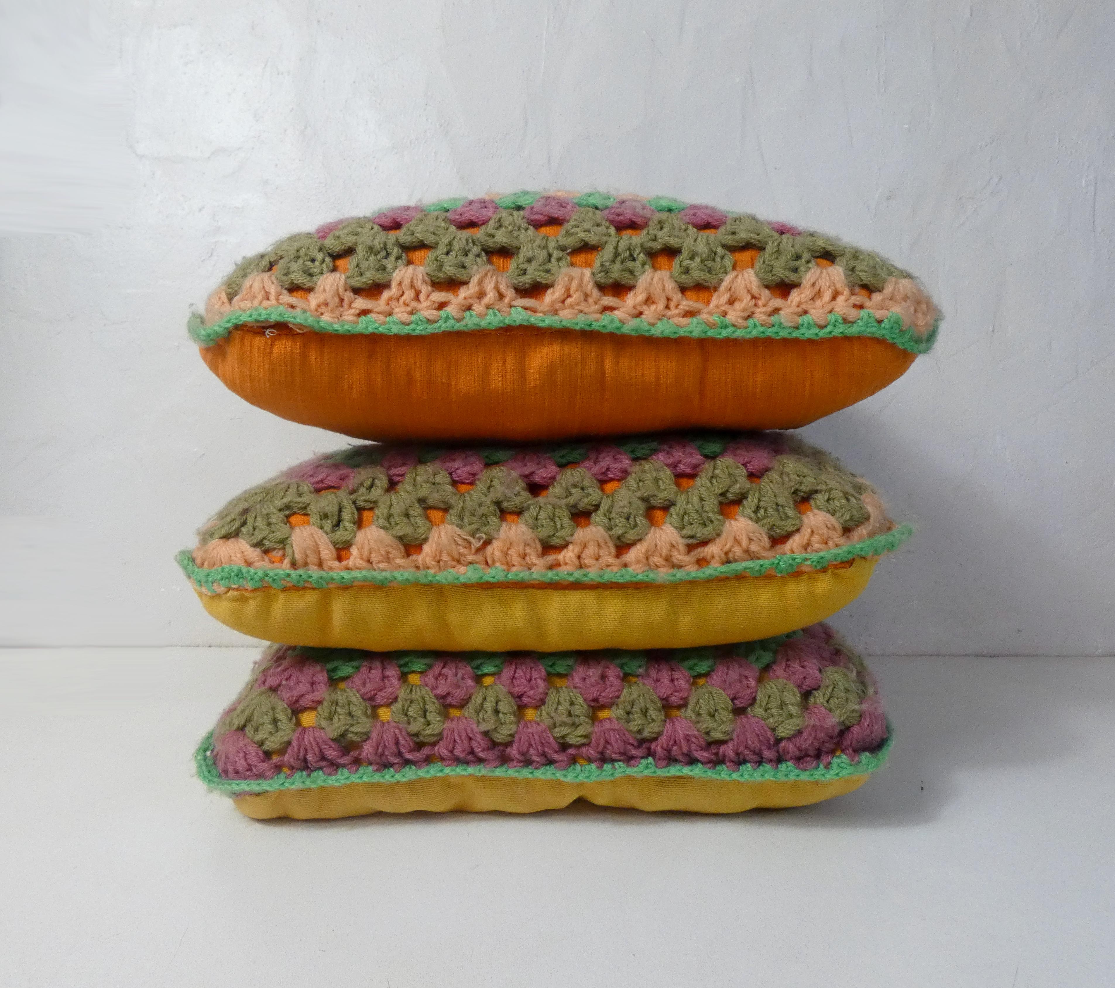 3 vintage crochet cushions