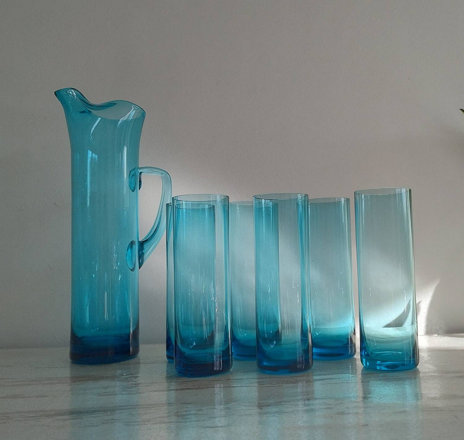 Vintage blue glass water service – carafe + 6 glasses