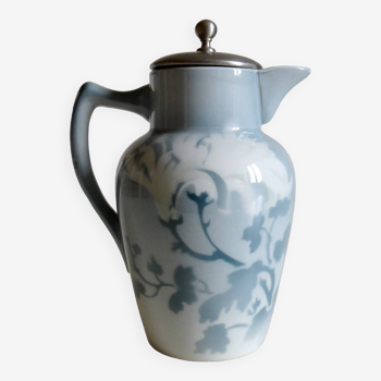 Infuser pitcher/teapot Keller and Guérin earthenware from Luneville chrysanthemums