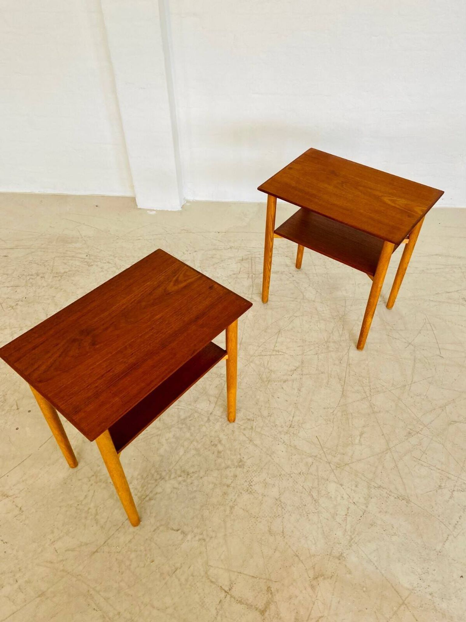 Vintage Danish mid-century teak and oak bedside tables by Næstved Møbelfabrik