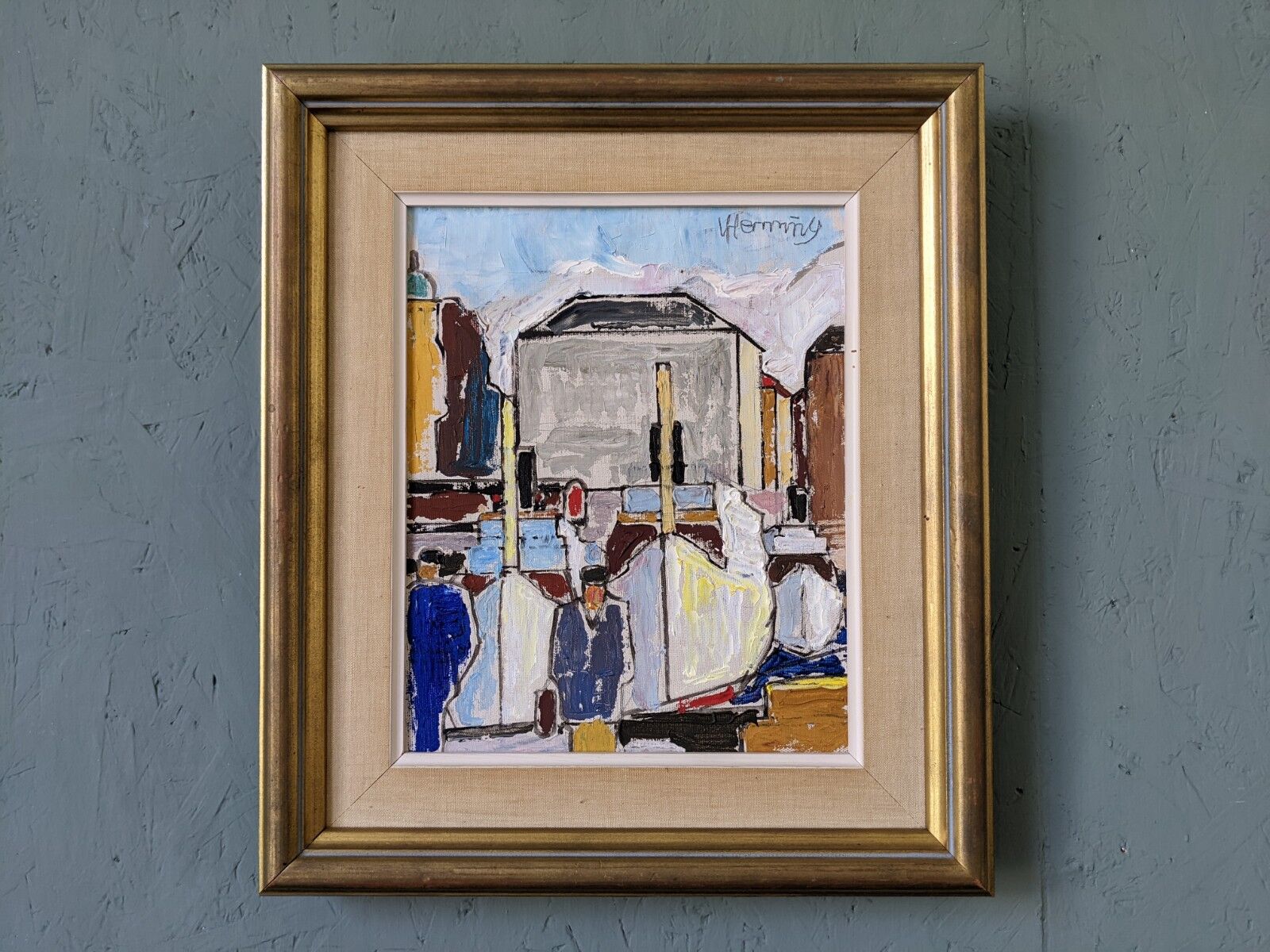 Peinture à l’huile encadrée vintage « By the dock »