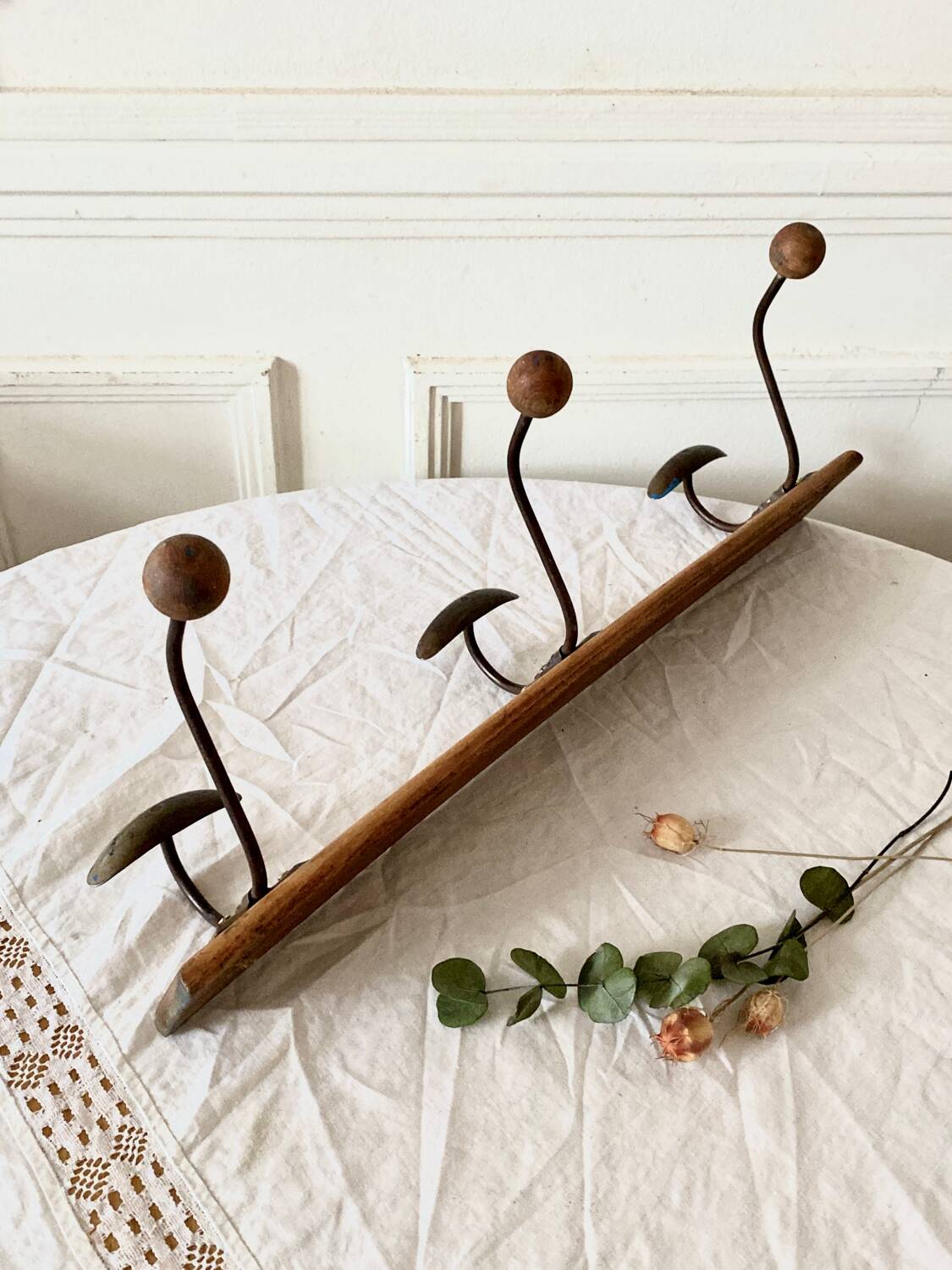 Vintage wood and metal coat hook 3 hooks