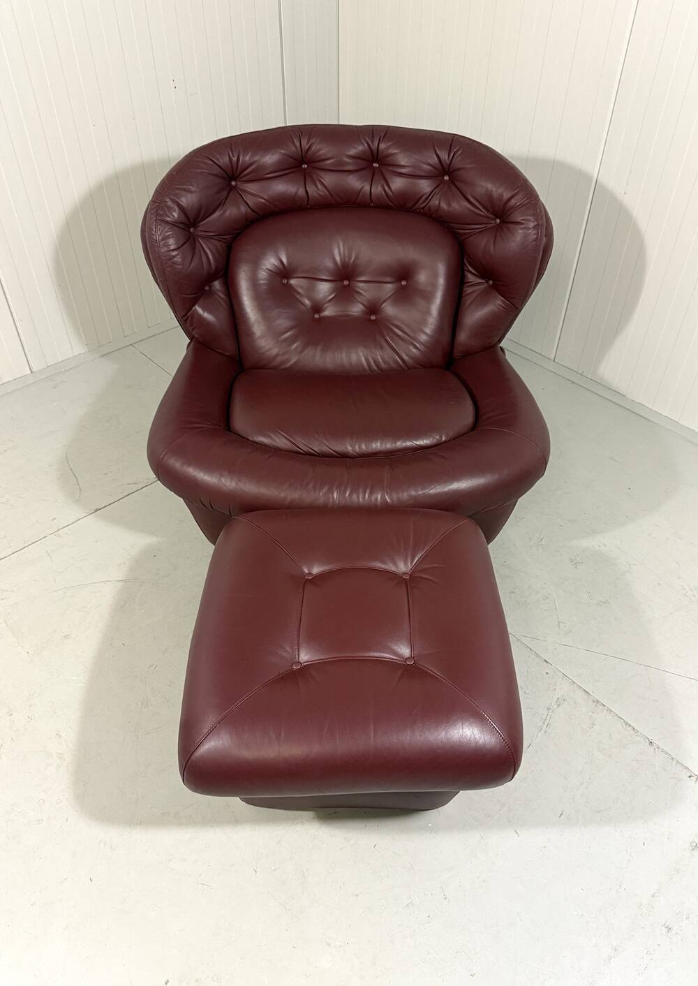 French burgundy leather space age lounge chair & footstool 1970’s