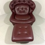 French burgundy leather space age lounge chair & footstool 1970’s