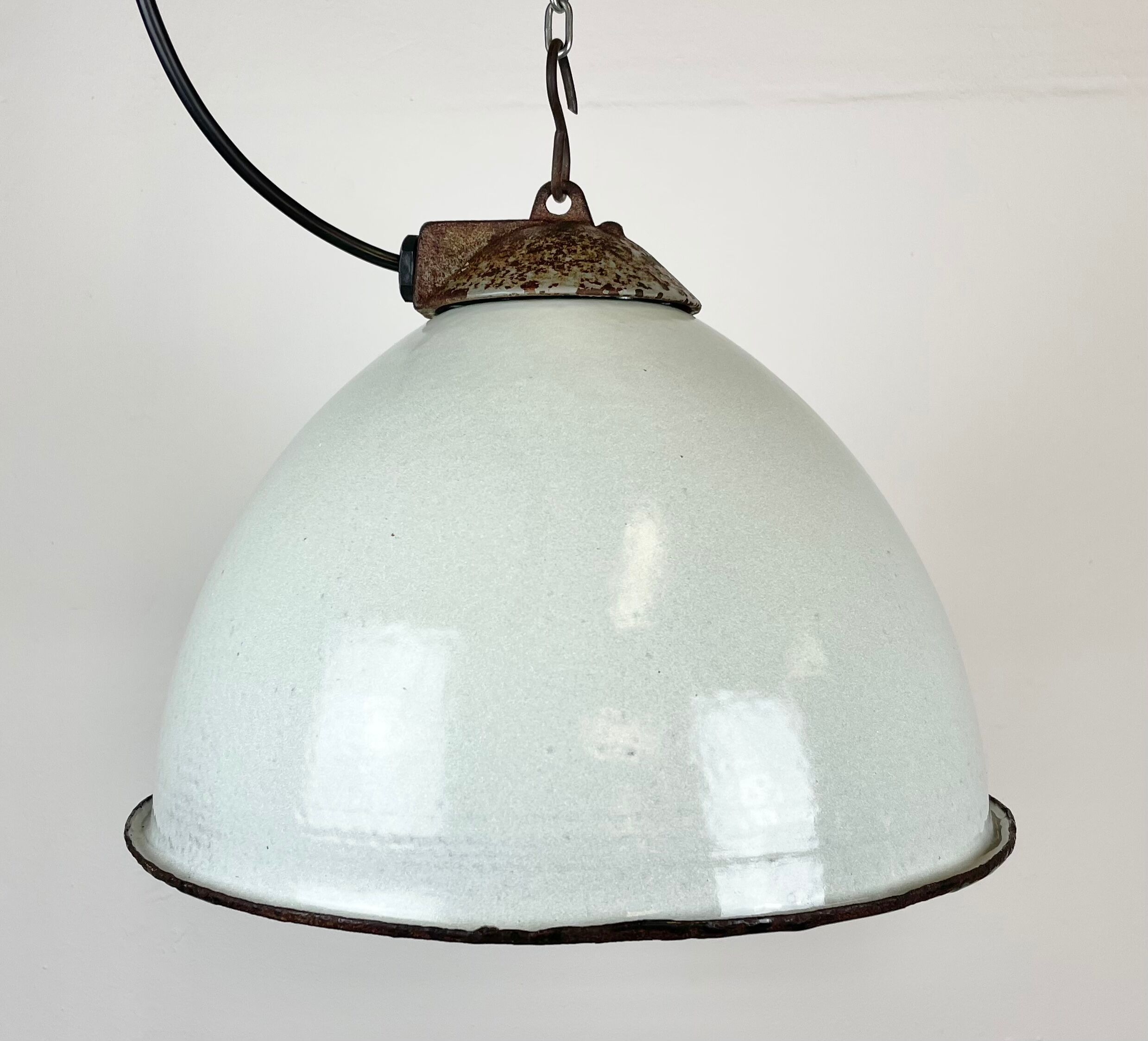 Industrial White Grey Enamel Factory Lamp with Cast Iron Top, 1960s