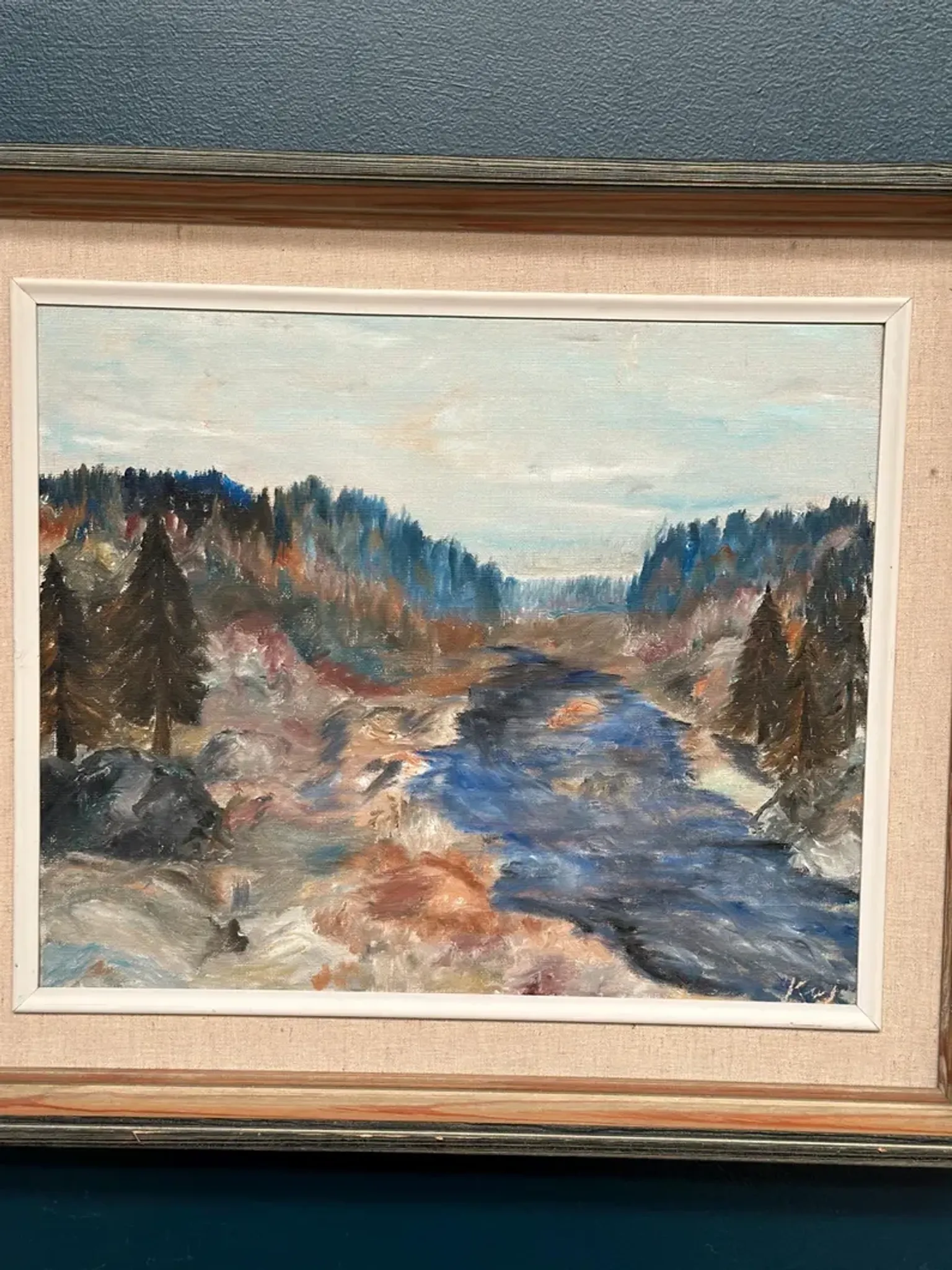 Original Swedish Oil on Canvas – “Landscape with River and Forest” by Kaj – Signed – Vintage & Framed – 60 × 52 cm (23.6" × 20.5")